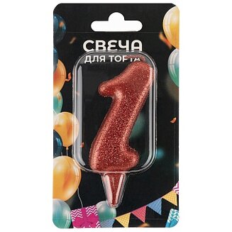 Свеча Цифра, 1 Овал, Красный, с блестками, 8 см