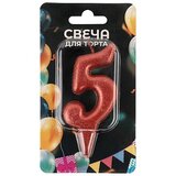 Свеча Цифра, 5 Овал, Красный, с блестками, 8 см