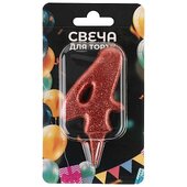 Свеча Цифра, 4 Овал, Красный, с блестками, 8 см