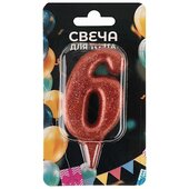 Свеча Цифра, 6 Овал, Красный, с блестками, 8 см