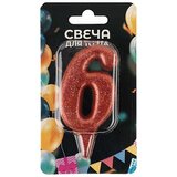 Свеча Цифра, 6 Овал, Красный, с блестками, 8 см
