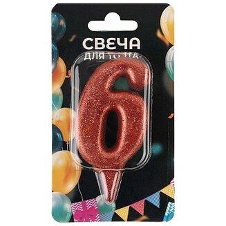 Свеча Цифра, 6 Овал, Красный, с блестками, 8 см