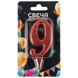 Свеча Цифра, 9 Овал, Красный, с блестками, 8 см