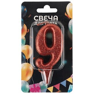Свеча Цифра, 9 Овал, Красный, с блестками, 8 см